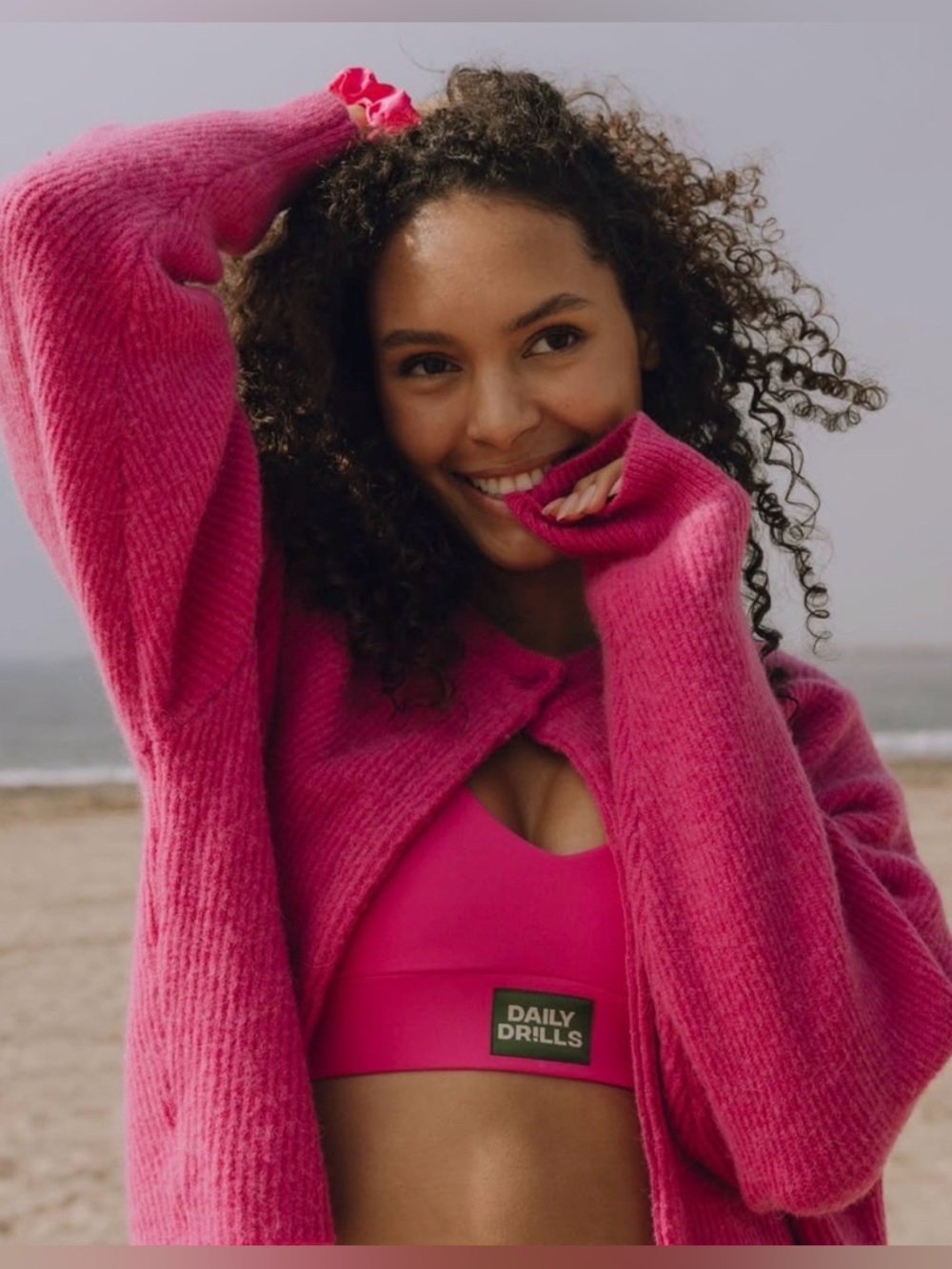 Daily Drills Women's 'Single Button Long Sleeve Sweater' Knit in 'Hot Shot Pink'